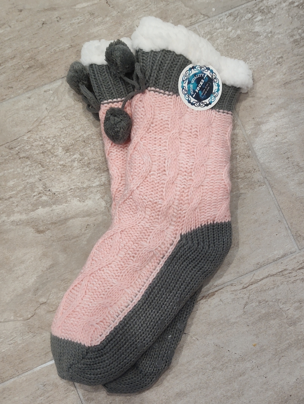 Cozy Women's Pink & Gray Knit Slipper Socks with Pom Trim